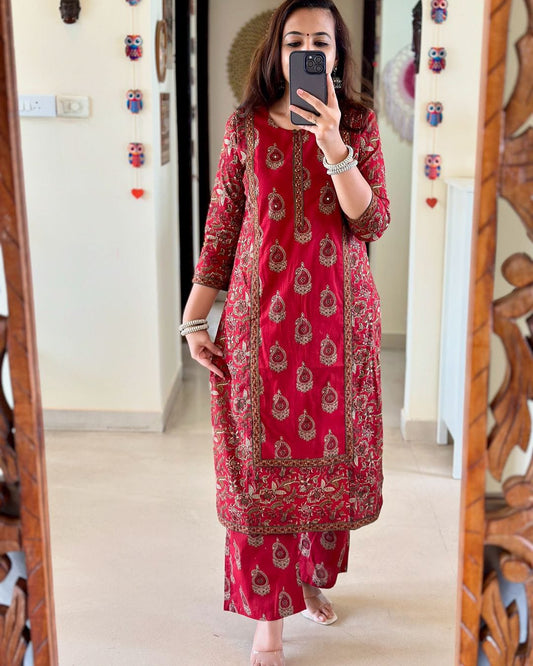 Red Printed Cotton Kurta Pant Set with Dupatta for Women