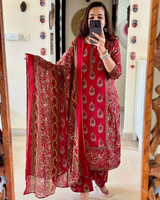 Red Printed Cotton Kurta Pant Set with Dupatta for Women