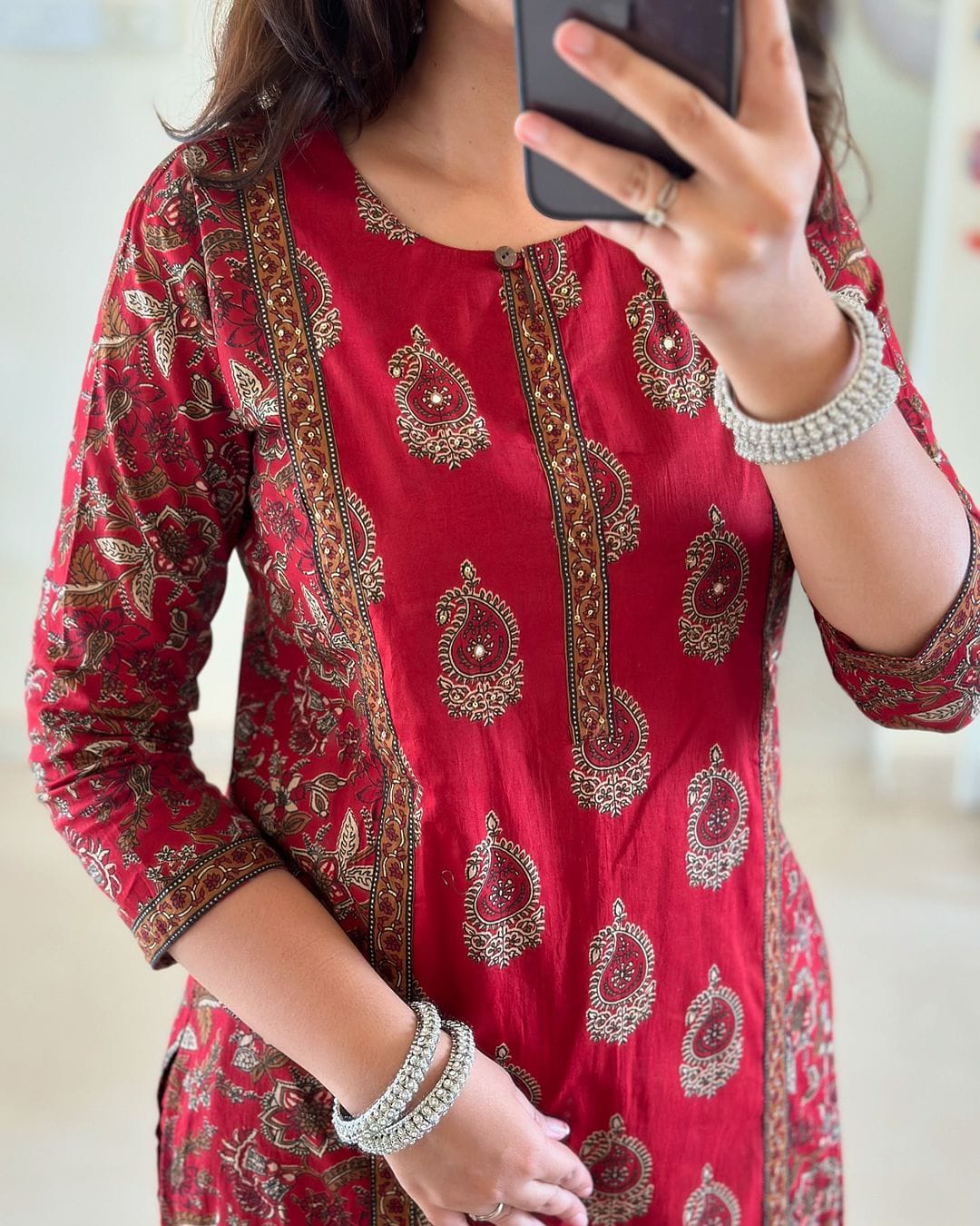 Red Printed Cotton Kurta Pant Set with Dupatta for Women