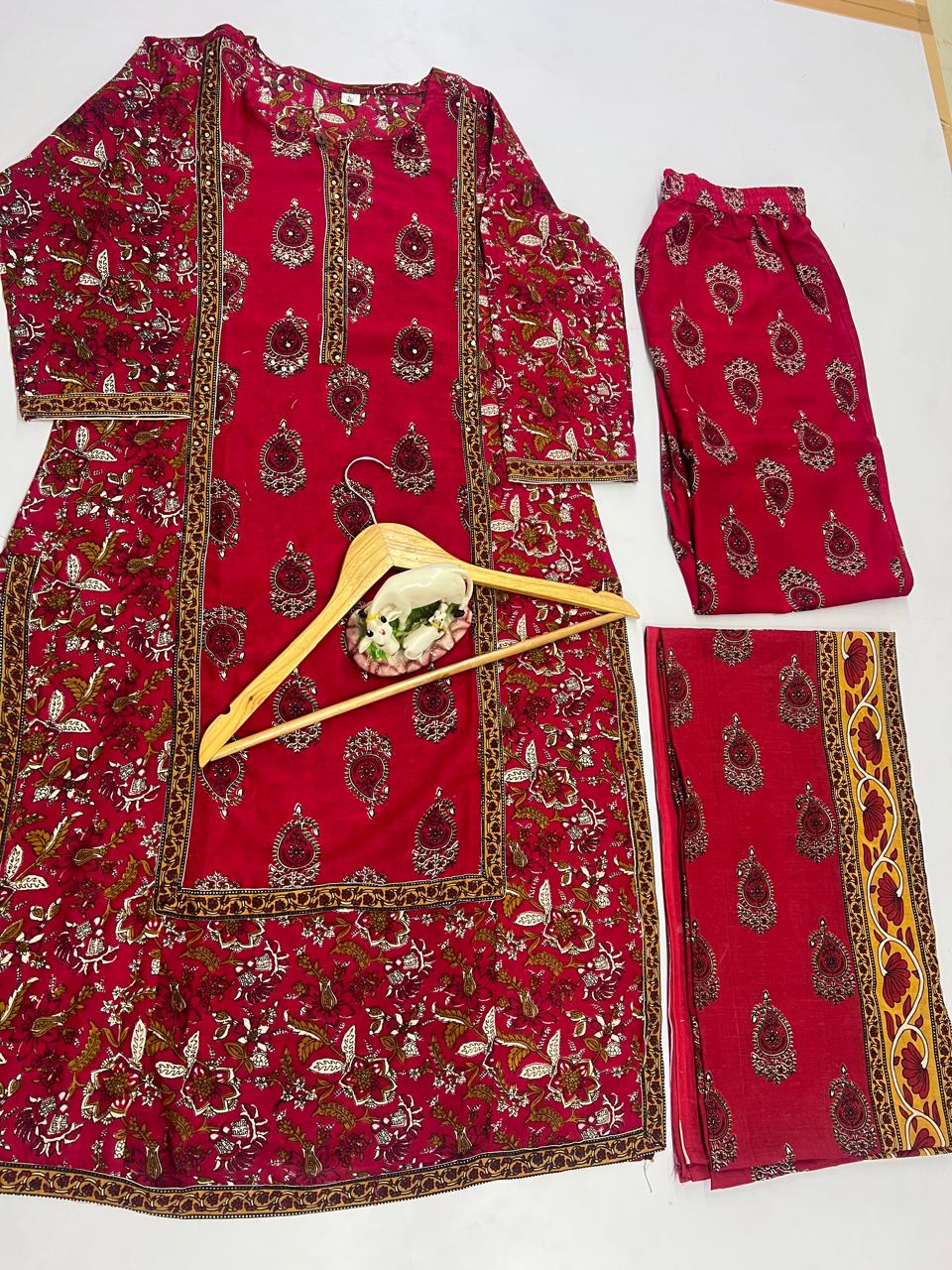 Red Printed Cotton Kurta Pant Set with Dupatta for Women