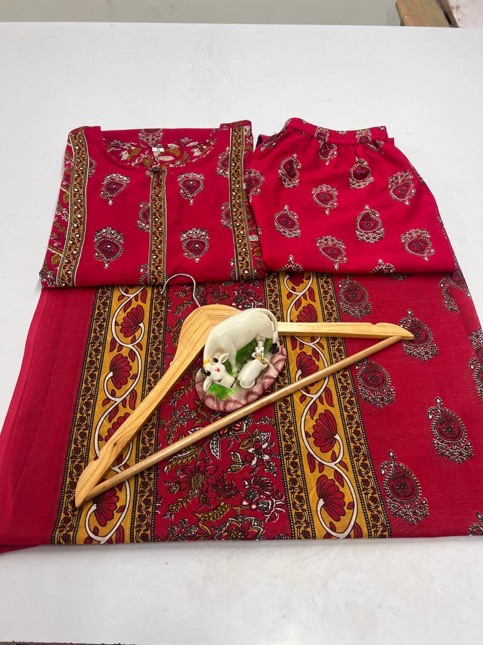 Red Printed Cotton Kurta Pant Set with Dupatta for Women