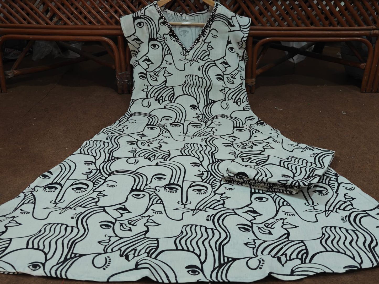 Cream Abstract Face Print Sleeveless Dress for Women