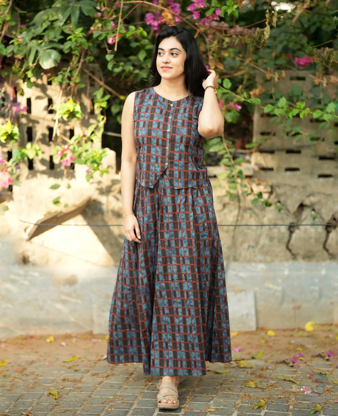 Blue Checked Sleeveless Kurta Dress for Women