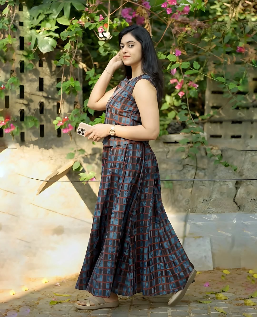 Blue Checked Sleeveless Kurta Dress for Women