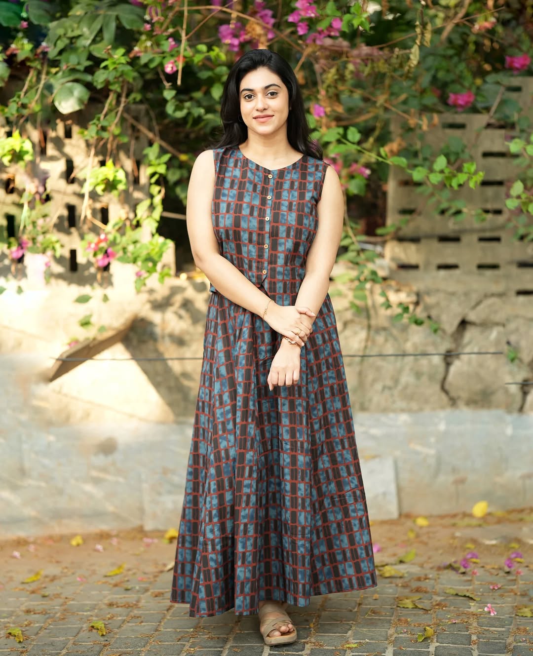 Blue Checked Sleeveless Kurta Dress for Women