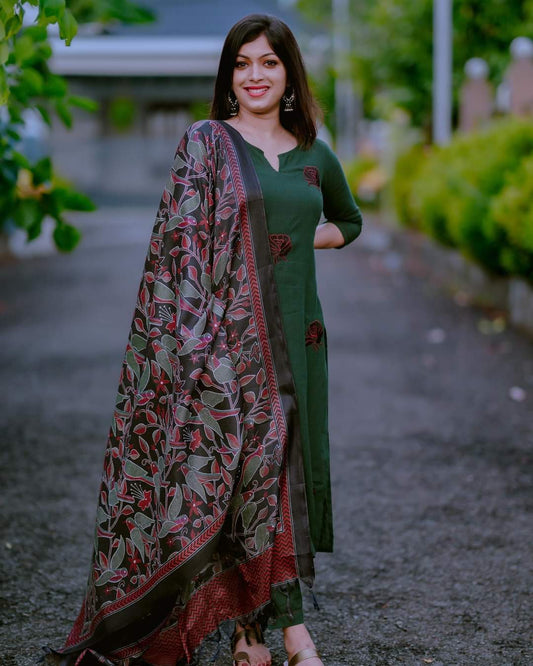 Green Printed Kurta Pant Set with Dupatta for Women