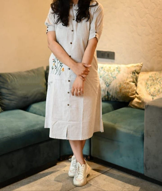 Off White Floral Embroidered Kurta Dress for Women