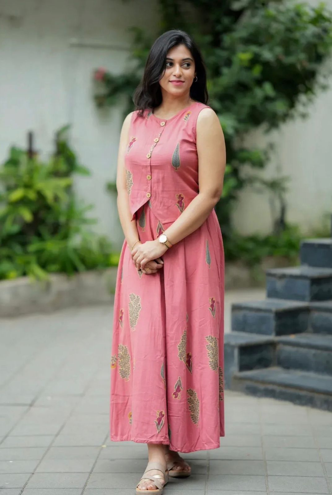 Pink Floral Printed Sleeveless Kurta Dress for Women