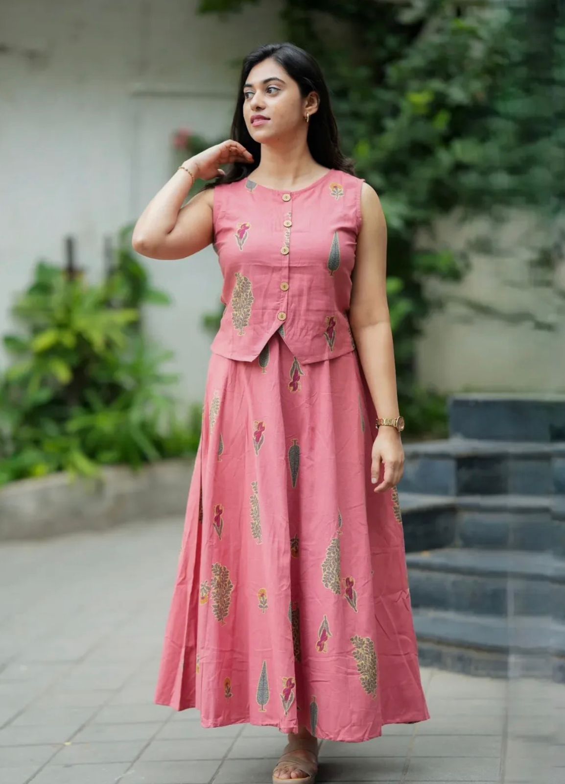 Pink Floral Printed Sleeveless Kurta Dress for Women
