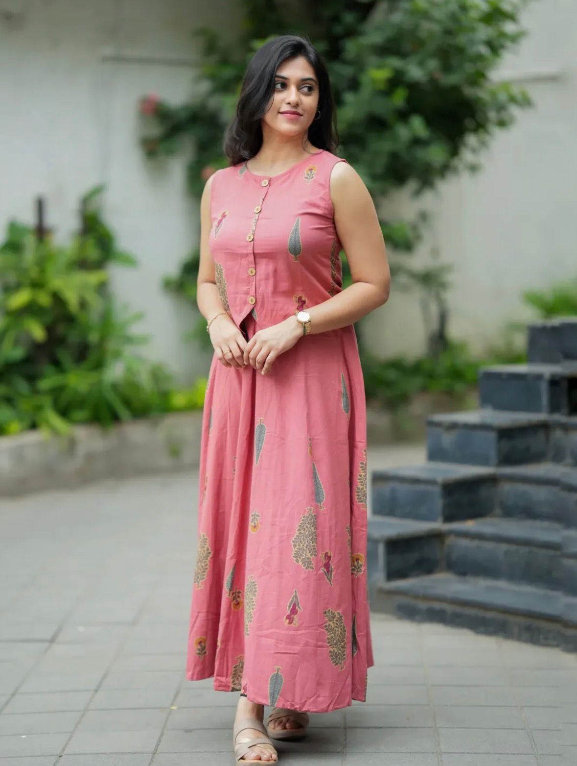 Pink Floral Printed Sleeveless Kurta Dress for Women