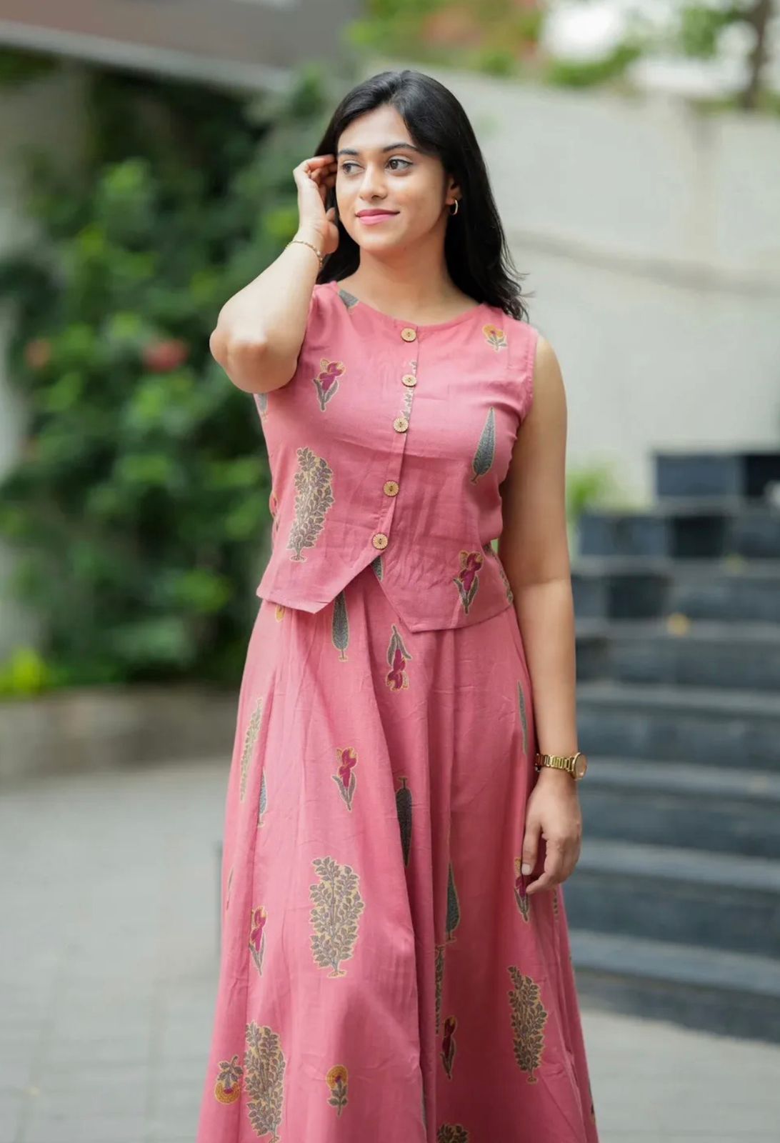 Pink Floral Printed Sleeveless Kurta Dress for Women