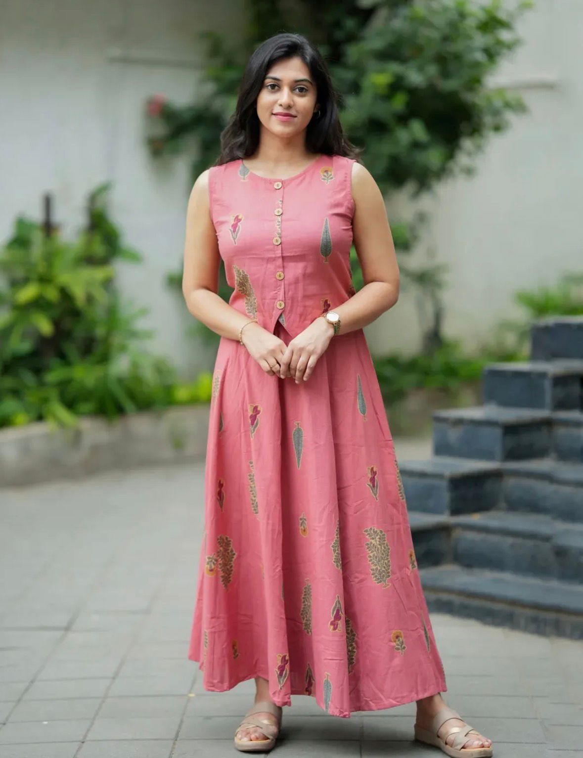 Pink Floral Printed Sleeveless Kurta Dress for Women
