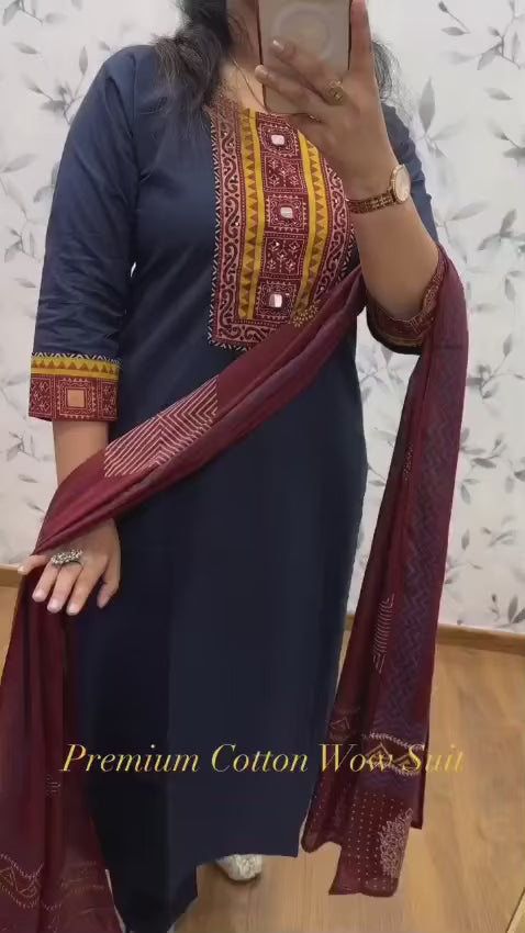 Navy Blue Embroidered Kurta Set with Maroon Printed Dupatta