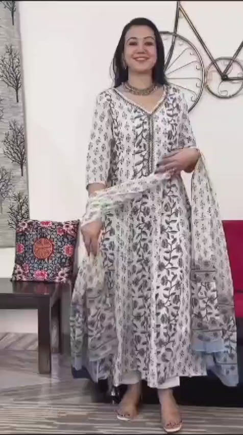 Cotton Printed Anarkali Kurta With Pant & Dupatta Set.